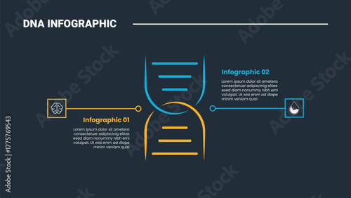 DNA science helix infographic process diagram with big shape with versus comparison on opposite direction with dark background bright outline style 2 points