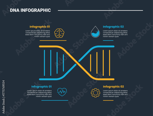 DNA science helix infographic process diagram with horizontal layout with quadrant structure with dark background bright outline style 4 points