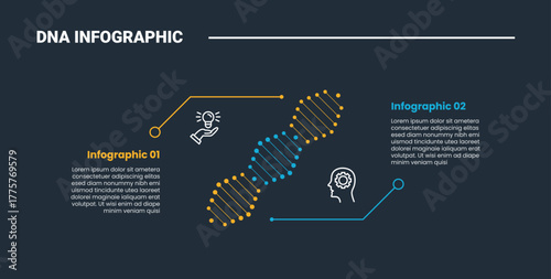 DNA science helix infographic process diagram with skew shape with dot line and opposite comparison with dark background bright outline style 2 points