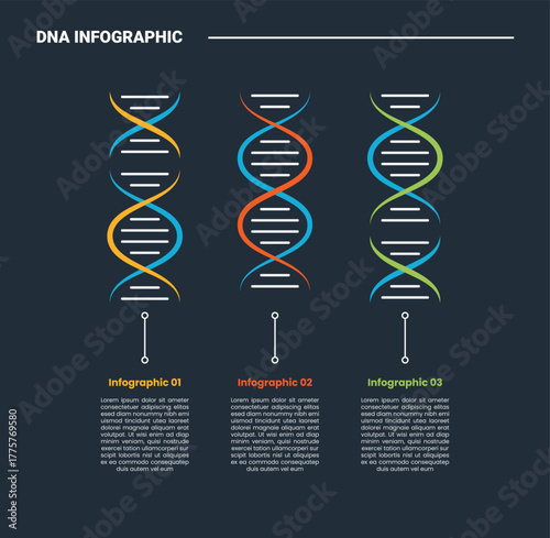 DNA science helix infographic process diagram with tall vertical strand on horizontal direction with dark background bright outline style 3 points