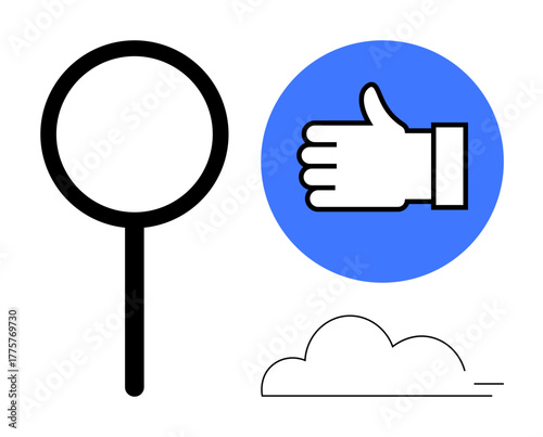 Magnifying glass, thumbs-up inside a blue circle, and a minimal cloud icon. Ideal for search, feedback, exploration, connectivity, discovery, collaboration simple landing page