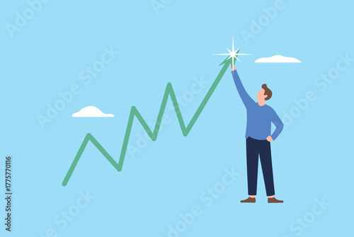 Reaching peak performance person successfully ascending upward financial growth chart graph showing positive business trend