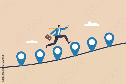 Businessman leaping over location pins on upward path symbolizing career growth and achieving success in business