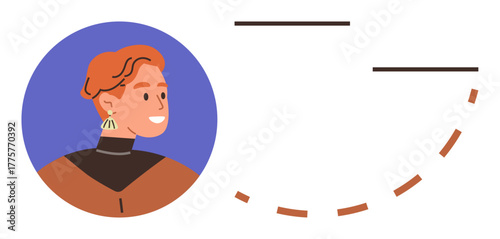 Side-view portrait of an individual with short hair and earrings inside a circular frame. Design includes abstract lines and geometric shapes. Ideal for personal profile, identity, creative concepts