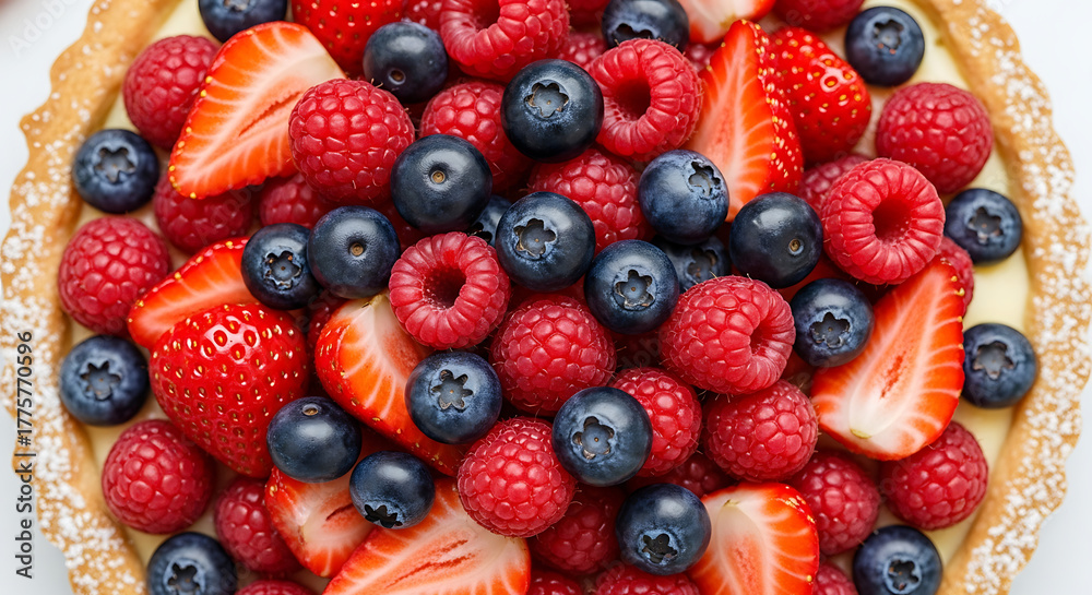Fototapeta premium Fruit tart with glazed berries — blueberries, raspberries, strawberries