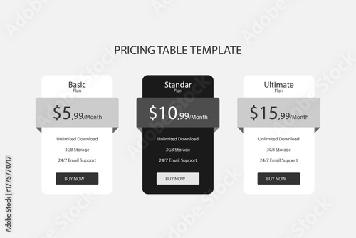 Modern pricing table template with three tiers for business websites