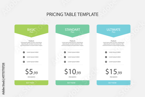 Modern pricing table template with three tiers for business websites