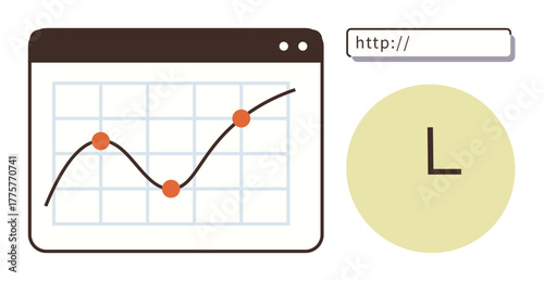 Graph with data points on browser window, URL bar, and clock symbolizing trends, web growth tracking, and timing. Ideal for analytics, time management, search engine optimization, growth