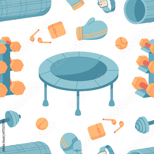 Seamless flat pattern with gym equipment, such as dumbbells, trampoline, and sports ball. Fitness and workout tools form a sport texture. Trendy design ideal for wallpaper, textile, decor.