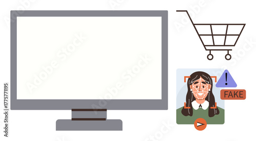 Large computer monitor, shopping cart, and flagged fake identity photo representing digital identity fraud. Ideal for cybersecurity, e-commerce, data protection, privacy, misinformation, identity