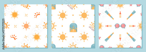 Sunscreen bottle seamless pattern flat style with sun shape and spf detail. Cream container, lotion tube and sunglasses logo form a set for summer cosmetic product background.