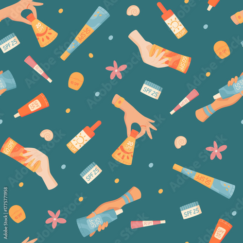 Flat seamless pattern of sunscreen bottle, cream, lotion and tube on background. Sunblock SPF cosmetic bottle shapes, seamless ornament. Hands hold bottles, summer sun care, flat background, cosmetic
