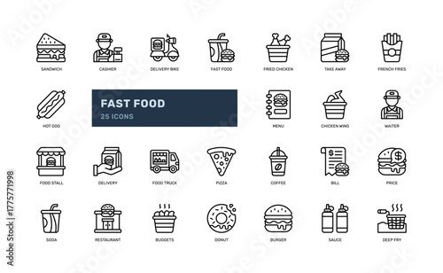 Fast food and delivery service icon set in flat outline style