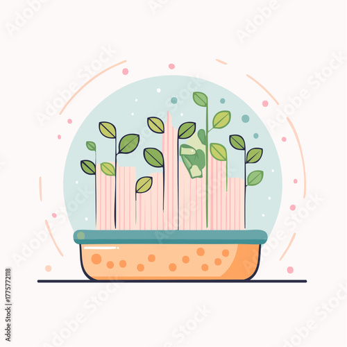Illustration Of Plants Growing Inside A Transparent Dome Representing Green City Growth And Sustainability