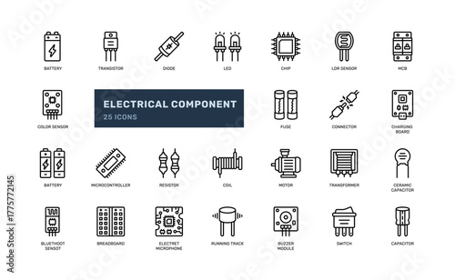 Outline style electrical component icon set for tech and circuit UI