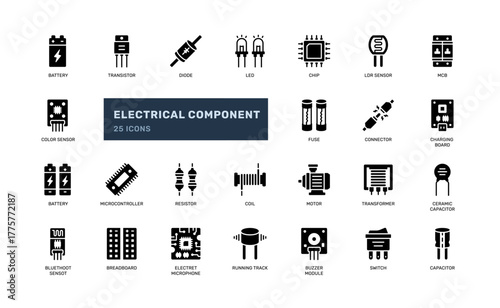 Solid black electrical component icon set for schematic and tech UI