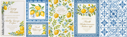 Italian lemon wedding invitation vector set with blue ceramic tile pattern and watercolor lemons. Elegant Amalfi Coast inspired design for Mediterranean wedding, event, or summer party.

