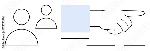 Outlined hand pointing right beside two profile icons representing users or groups. Ideal for selection, teamwork, direction, interaction, collaboration, leadership, decision-making. Simple flat