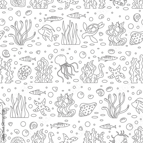 Seamless cartoon underwater fish pattern in outline style. Ocean reef plants, aquatic creatures, and marine shapes create a doodle background. Abstract aquatic texture with marine life forms.