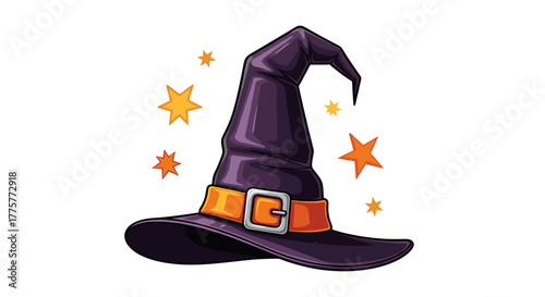 Enchanting Witch's Hat: A purple witch's hat, adorned with a vibrant orange buckle and framed by twinkling stars, embodies the playful essence of Halloween.