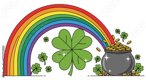 Rainbow's End: A whimsical depiction of a rainbow arching over a pot overflowing with gold coins, symbolizing luck, dreams, and the magical essence of St. Patrick's Day.