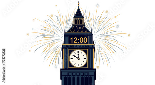 Clock Tower Midnight Fireworks: The iconic clock tower, marking the stroke of midnight, is silhouetted against a dazzling fireworks display.