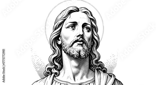 Divine Gaze: An artistic monochrome portrait of a revered figure with a serene expression, a halo radiating around him, inviting reflection and reverence.