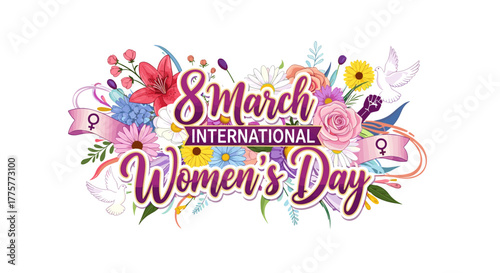 International Women's Day Floral Banner: An artistic floral arrangement, in a banner celebrating the spirit of International Women's Day, exuding vibrancy, empowerment, and equality. 