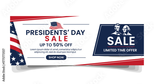 Presidents' Day Sale Banner: Captivating Presidents' Day Sale banner with iconic imagery of the American flag and historic figures, perfect for advertising and promotions. 