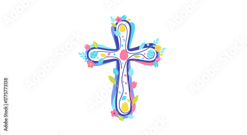Floral Cross: A vibrant and colorful floral cross, symbolizing faith and hope, adorned with delicate blossoms and intricate patterns against a clean backdrop. 