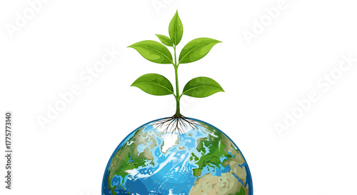 Green Growth on the World: A vibrant sapling bursts from the earth's surface, its leaves reaching towards the sky, symbolizing the potential for sustainability and growth in a changing world. 
