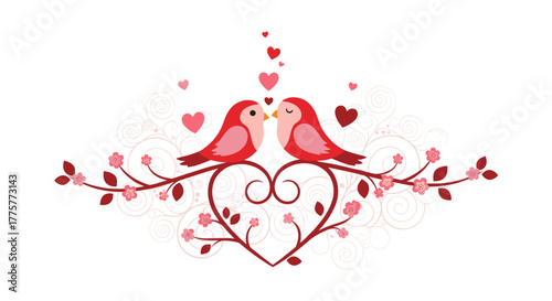 Lovebirds' Embrace: Two charming lovebirds perched on a delicate branch adorned with hearts and blossoms, expressing affection and romance. It captures the essence of love and connection.
