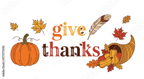 Thanksgiving Harvest: A festive illustration embodies the spirit of Thanksgiving, with a vibrant pumpkin, colorful leaves, a cornucopia overflowing with autumnal bounty.