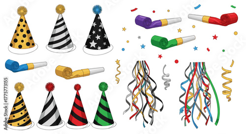 Celebration Accessories Collection: A vibrant assortment of party hats, noisemakers, confetti, and streamers, capturing the spirit of festivities and special occasions.