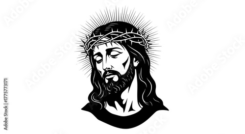 Silent Devotion: Intricate monochrome artwork of a serene figure, a symbol of faith and introspection, adorned with a crown of thorns and halo, in a display of solemn reverence.