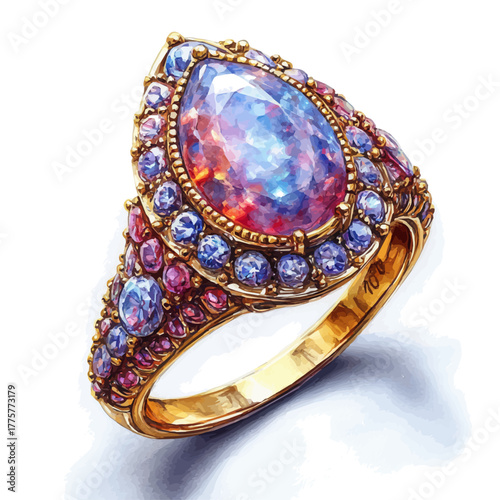 Opal Ring, watercolor drawing vector, isolated on a white background.