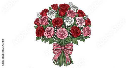 Bouquet of Roses: A lush bouquet, bursting with vibrant red, pink, and white roses, artfully arranged and tied with a delicate pink ribbon, symbolizes love, beauty, and admiration. 