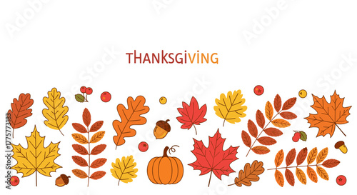 Thanksgiving Delight: A vibrant collection of autumnal elements, including colorful leaves, pumpkins, and acorns, create a warm and inviting display, embodying the spirit of gratitude.