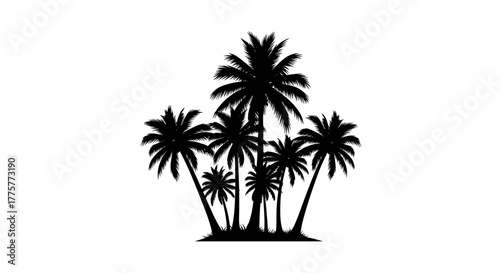 Tropical Palms Silhouettes: A graphic silhouette showcases a cluster of majestic palm trees reaching towards the sun, evoking a sense of tropical paradise and serene escape.
