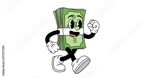 Money Cartoon: A dynamic illustration depicts a lively cartoon character made of cash, running with infectious energy and enthusiasm, symbolizing financial freedom.