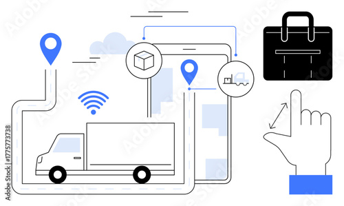 Truck navigates route with map pins, smartphone, and wireless icon. Includes hand gesture and suitcase graphics. Ideal for logistics, delivery, navigation, technology, business management