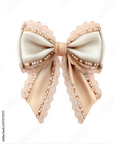 Detailed lace ribbon bow with layered silk fabric and pearls representing classic European elegance
