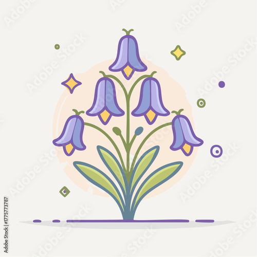 Pixel art illustration of bluebell flowers with yellow centers and green leaves against a soft peach and beige background with subtle sparkles and dots