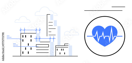 Cityscape with modern buildings and a heartbeat icon representing health, well-being, and sustainable living. Ideal for wellness, urban planning, eco-cities, healthcare, innovation, fitness simple