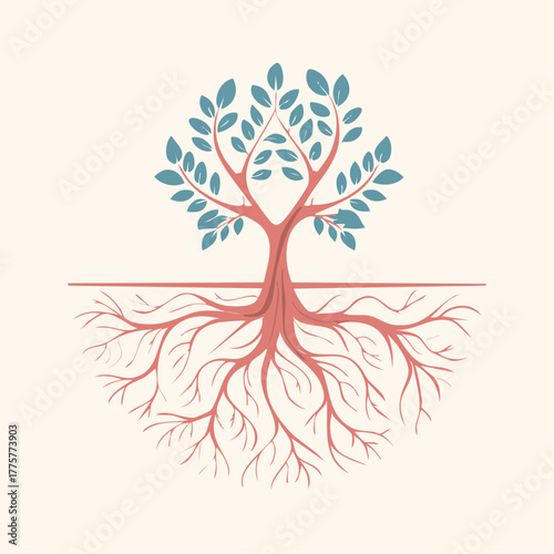 Stylized Tree With Visible Roots And Teal Leaves Against A Cream Background With Earthy Tones
