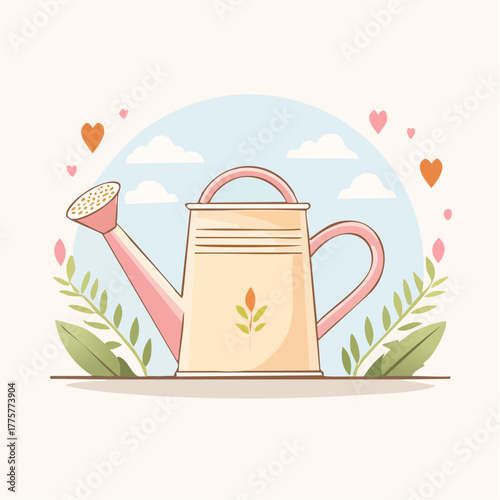 Pastel Watering Can with Pink Handle Surrounded by Greenery and Small Hearts Under a Cloudy Sky