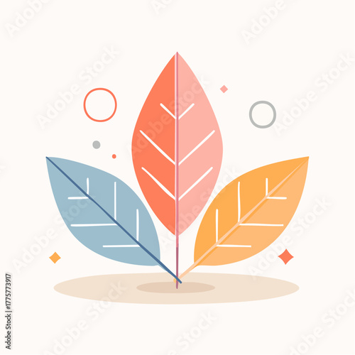 Three stylized leaves in coral blue and orange hues with subtle decorative circles and diamond shapes on a soft beige background