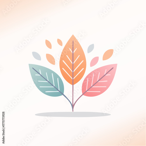 Abstract logo design with three colorful leaves in muted pastel tones on a light gradient background symbolizing growth and nature in a clean modern style