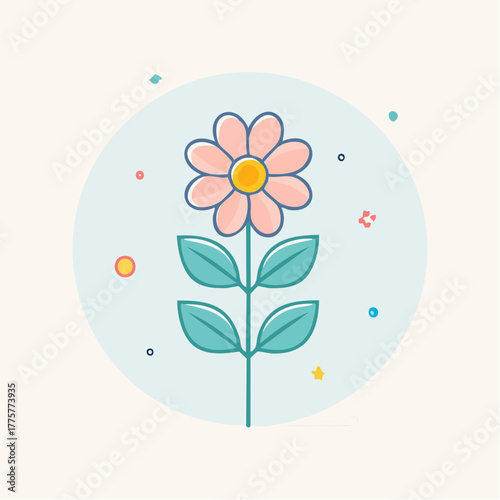 Pixelated Pink Flower with Green Stem and Leaves on a Pale Blue Circular Background with Subtle Stars and Dots