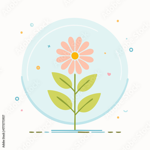 Delicate Pink Daisy Flower Growing Inside A Clear Glass Sphere With Soft Pastel Accents And Gentle Green Leaves Against A Light Blue Background